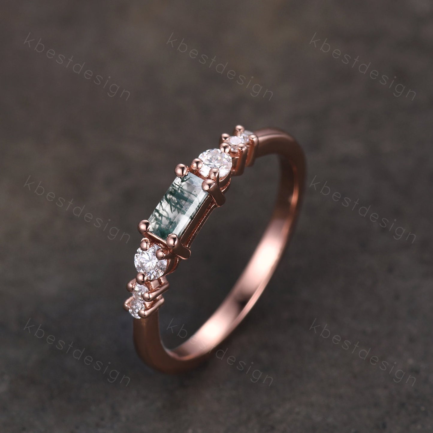Baguette cut Moss Agate Wedding Band Unique Sterling Silver Wedding Band Antique Moissanite Ring Minimalist Bridal Matching Stackable band