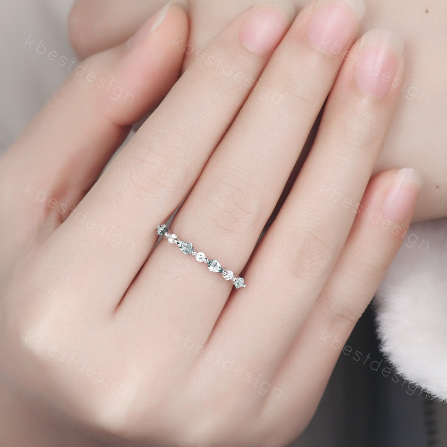 Kite cut Moss Agate Wedding Band Unique Rose Gold Wedding Band Antique Moissanite Ring Minimalist Bridal Matching Stackable band
