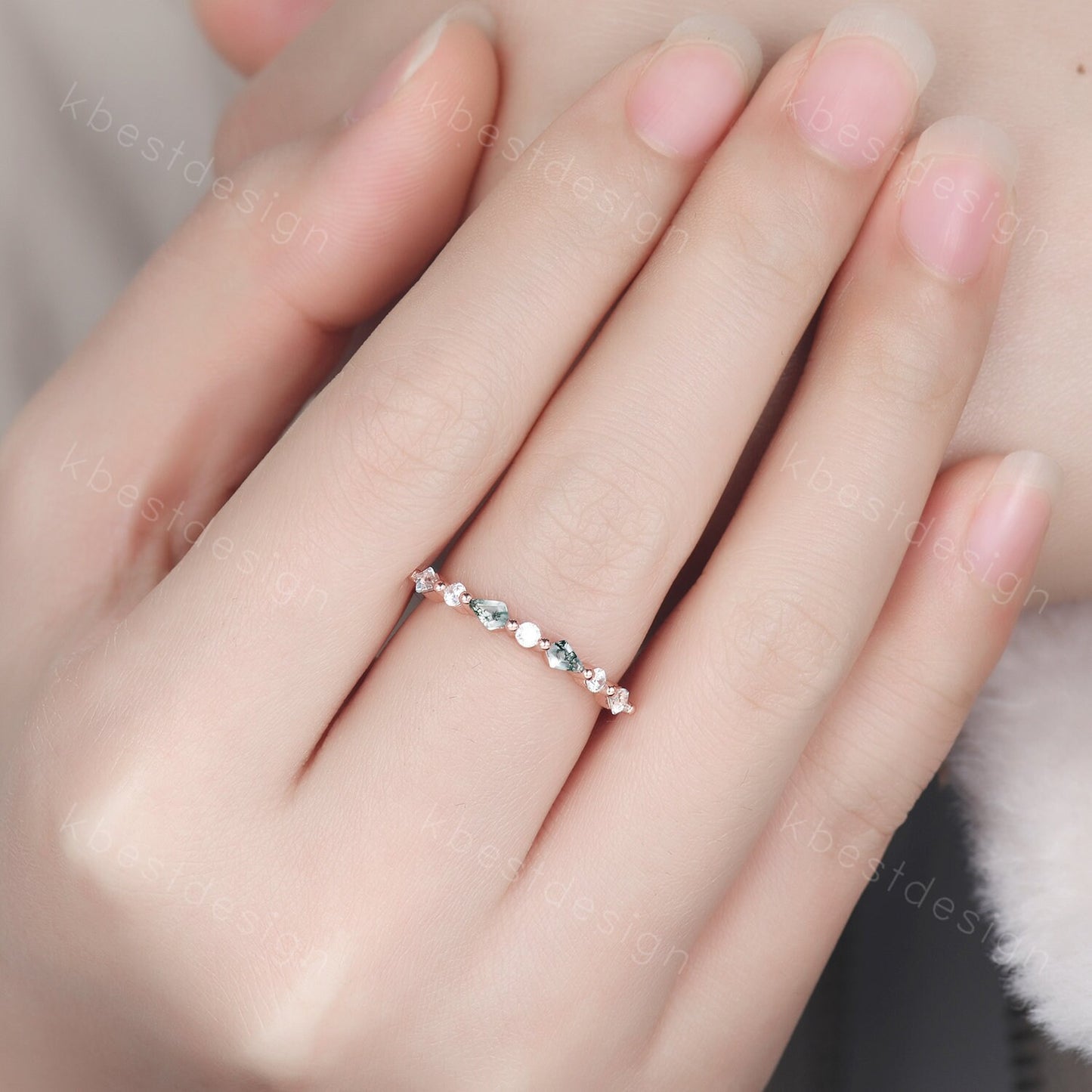 Kite cut Moss Agate Wedding Band Unique Rose Gold Wedding Band Antique Moissanite Ring Minimalist Bridal Matching Stackable band