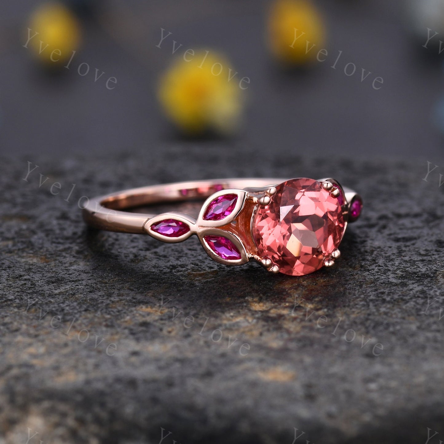 7mm round shape Papalacha sapphire engagement ring,Unique sapphire ruby ring,Marquise ruby,Rose gold Promise Bridal ring,Anniversary gift