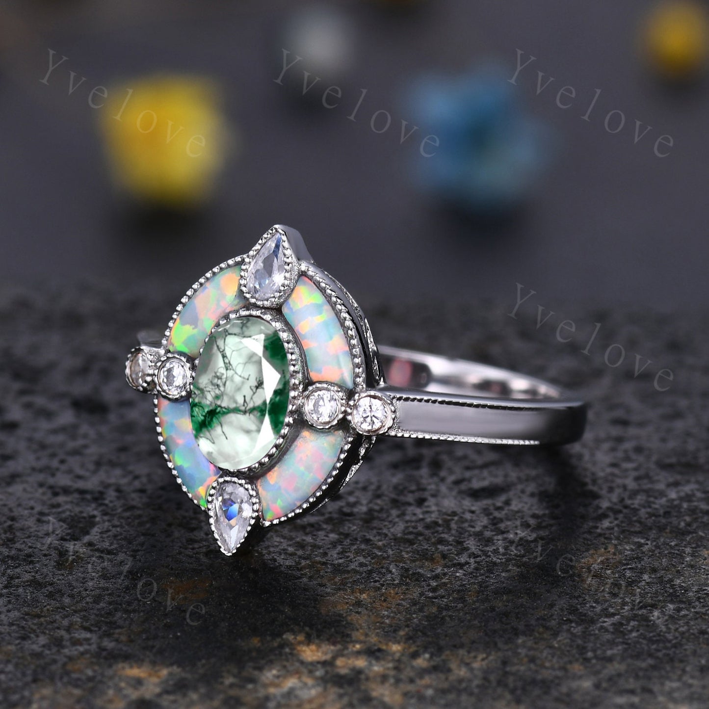 Oval moss agate engagement ring green agate ring opal moissanite side stones promise ring 14k rose gold vintage ring halo milgrain ring gift