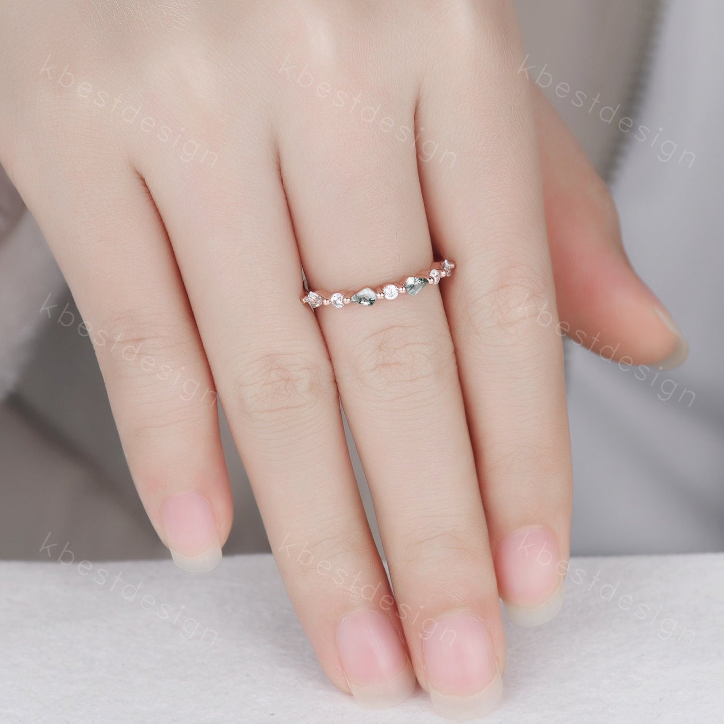 Kite cut Moss Agate Wedding Band Unique Rose Gold Wedding Band Antique Moissanite Ring Minimalist Bridal Matching Stackable band
