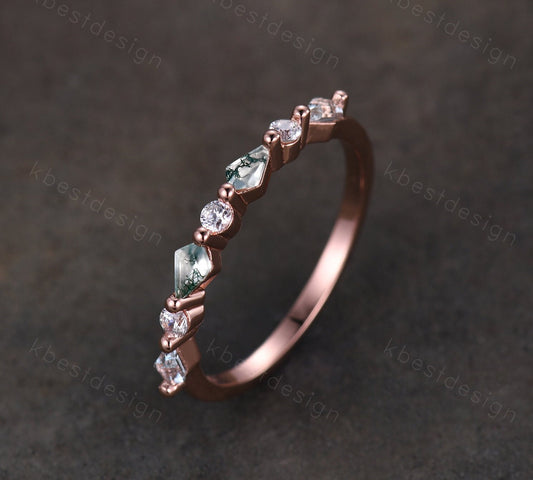 Kite cut Moss Agate Wedding Band Unique Rose Gold Wedding Band Antique Moissanite Ring Minimalist Bridal Matching Stackable band