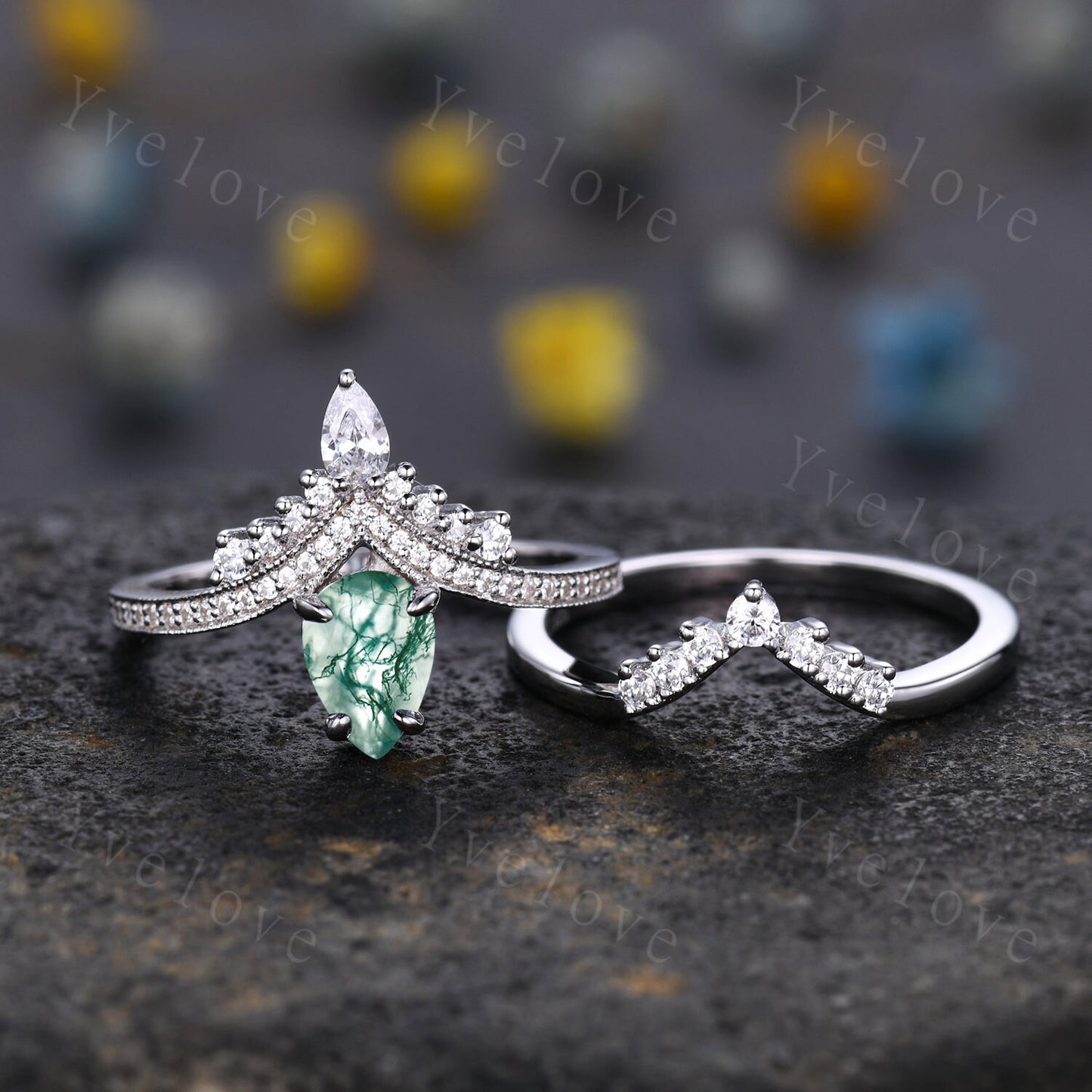 Pear shaped moss agate ring white gold ring vintage moss agate engagement ring set Curved moissanite Band Ring women art deco ring for her
