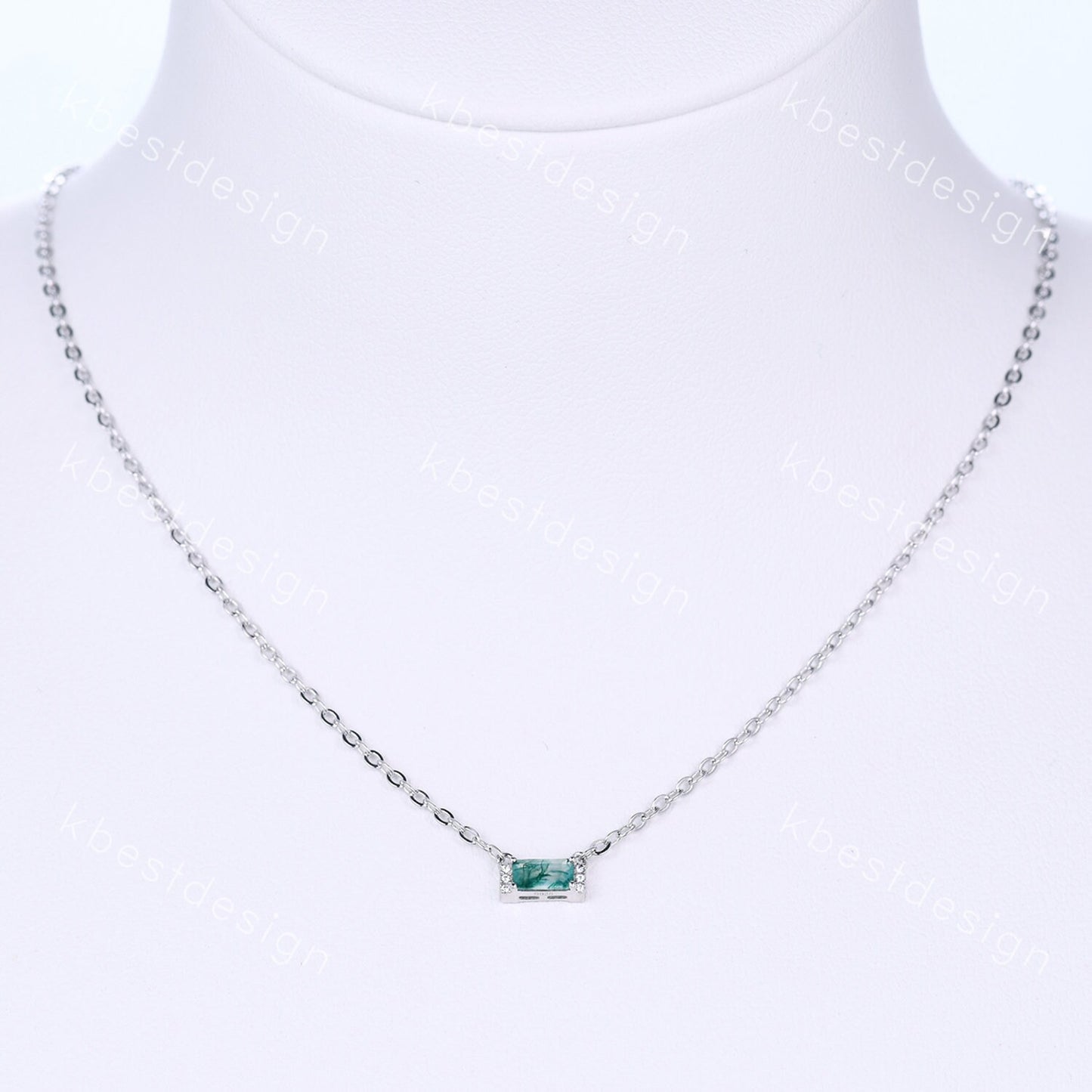 Minimalist Moss Agate Necklace, Silver Necklace, Baguette cut Green Agate Necklace, Delicate Necklace, White Gold Necklace, Birthday Gift