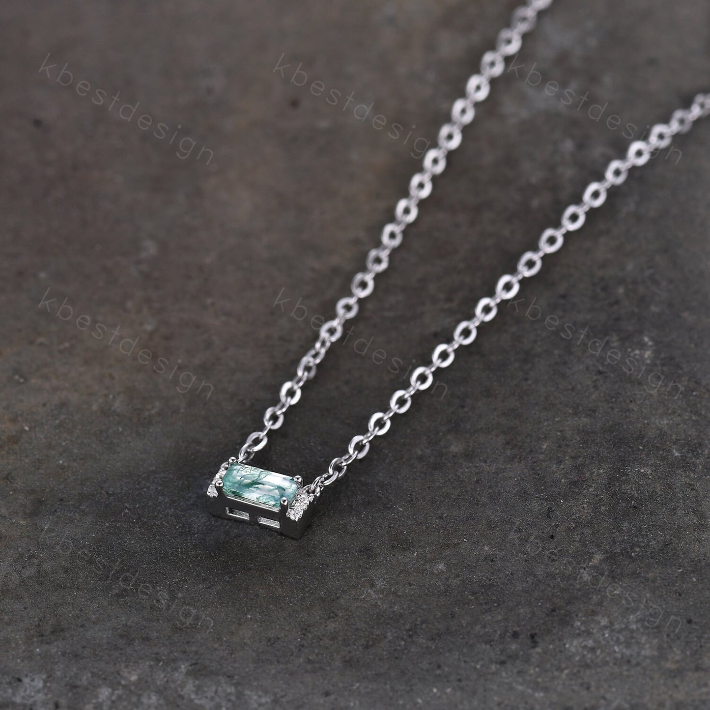 Minimalist Moss Agate Necklace, Silver Necklace, Baguette cut Green Agate Necklace, Delicate Necklace, White Gold Necklace, Birthday Gift