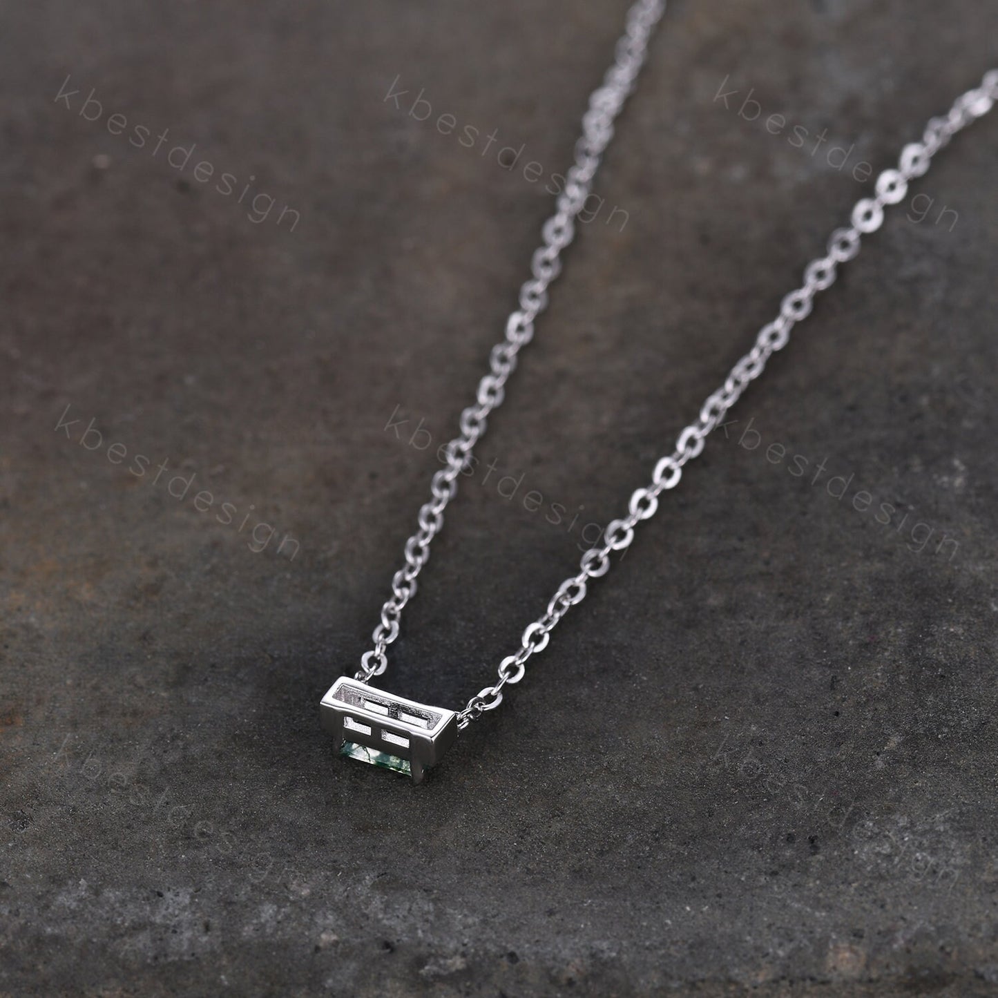 Minimalist Moss Agate Necklace, Silver Necklace, Baguette cut Green Agate Necklace, Delicate Necklace, White Gold Necklace, Birthday Gift
