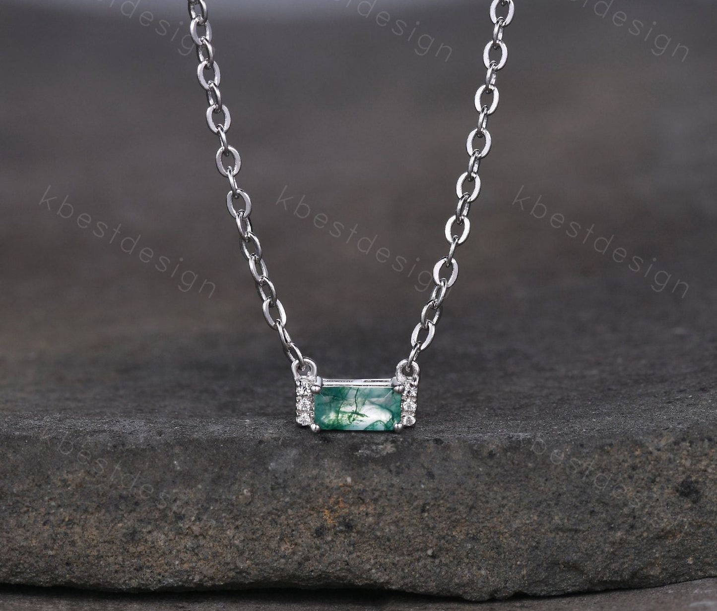 Minimalist Moss Agate Necklace, Silver Necklace, Baguette cut Green Agate Necklace, Delicate Necklace, White Gold Necklace, Birthday Gift