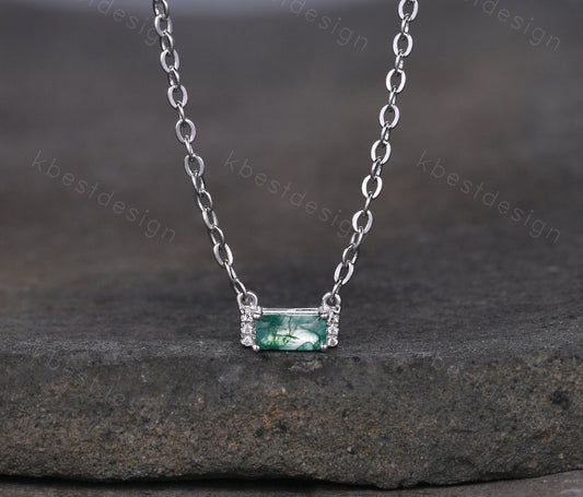 Minimalist Moss Agate Necklace, Silver Necklace, Baguette cut Green Agate Necklace, Delicate Necklace, White Gold Necklace, Birthday Gift