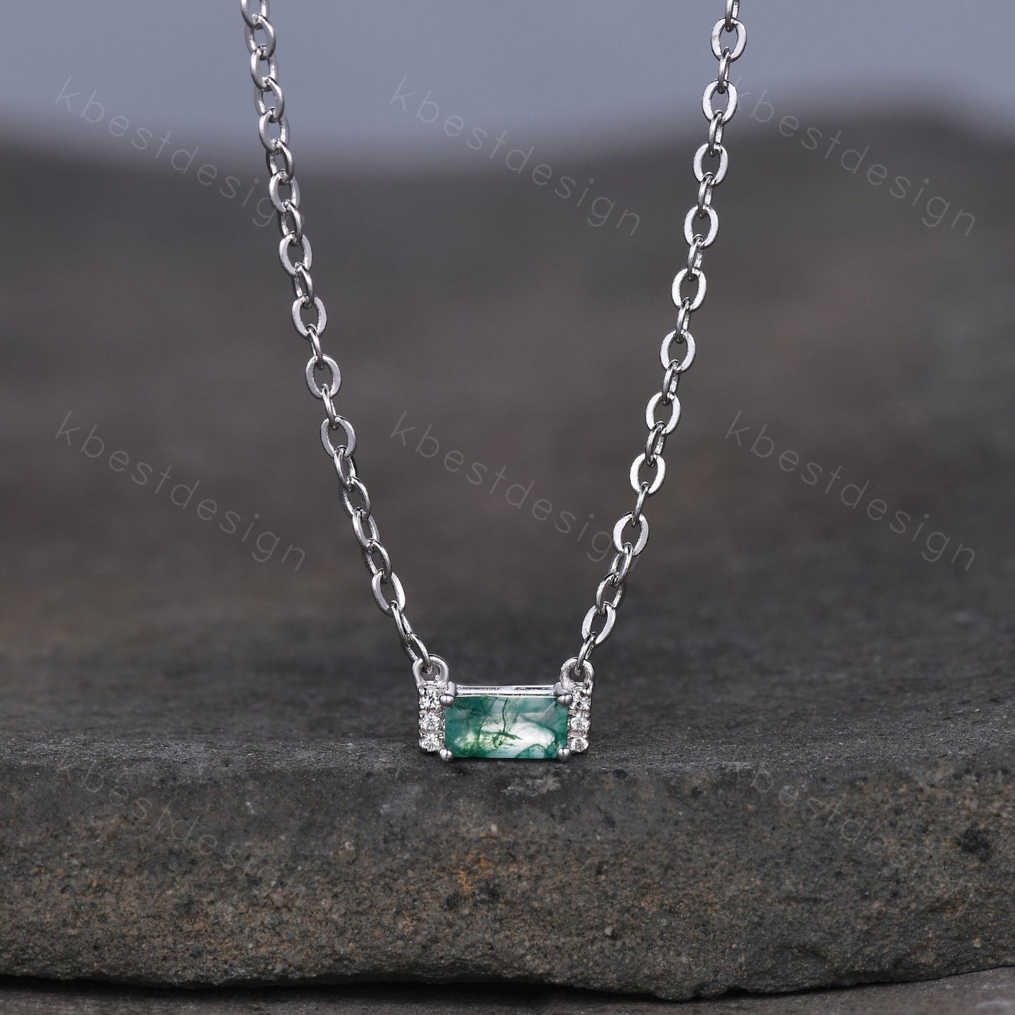 Minimalist Moss Agate Necklace, Silver Necklace, Baguette cut Green Agate Necklace, Delicate Necklace, White Gold Necklace, Birthday Gift
