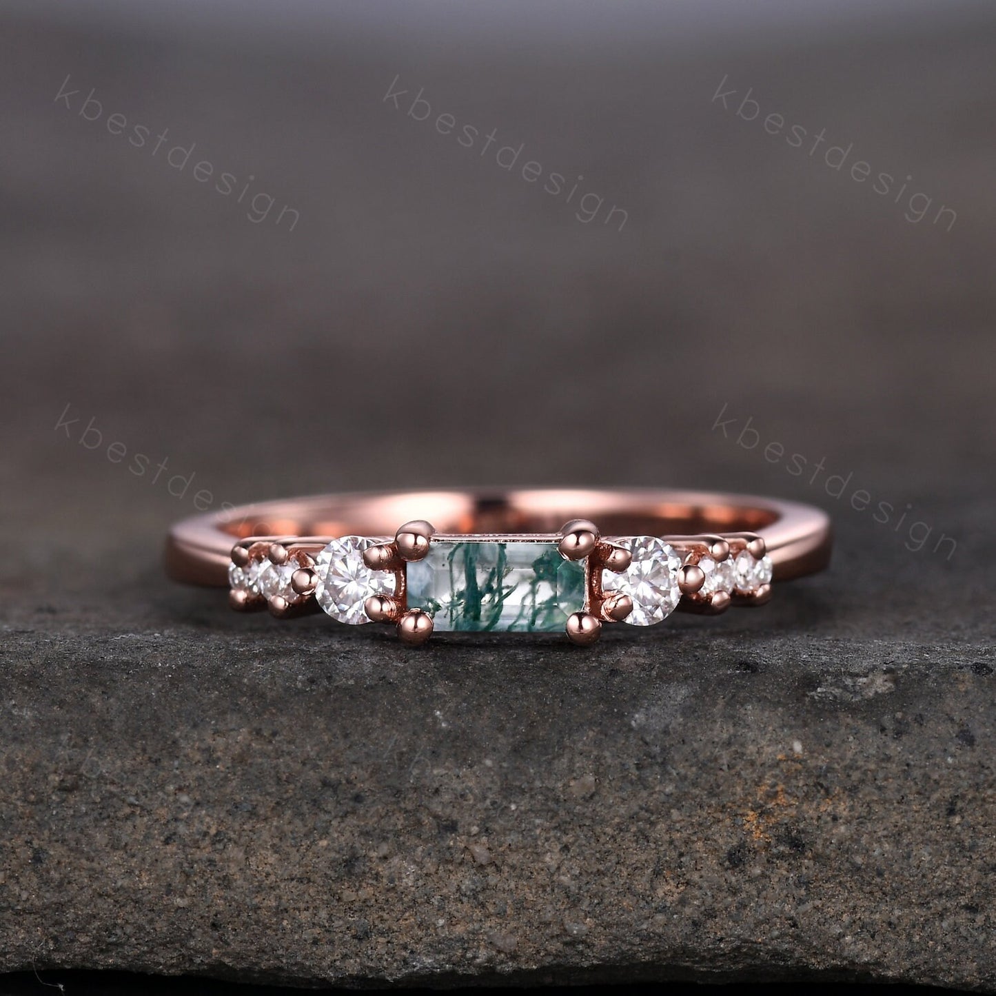 Baguette cut Moss Agate Wedding Band Unique Sterling Silver Wedding Band Antique Moissanite Ring Minimalist Bridal Matching Stackable band