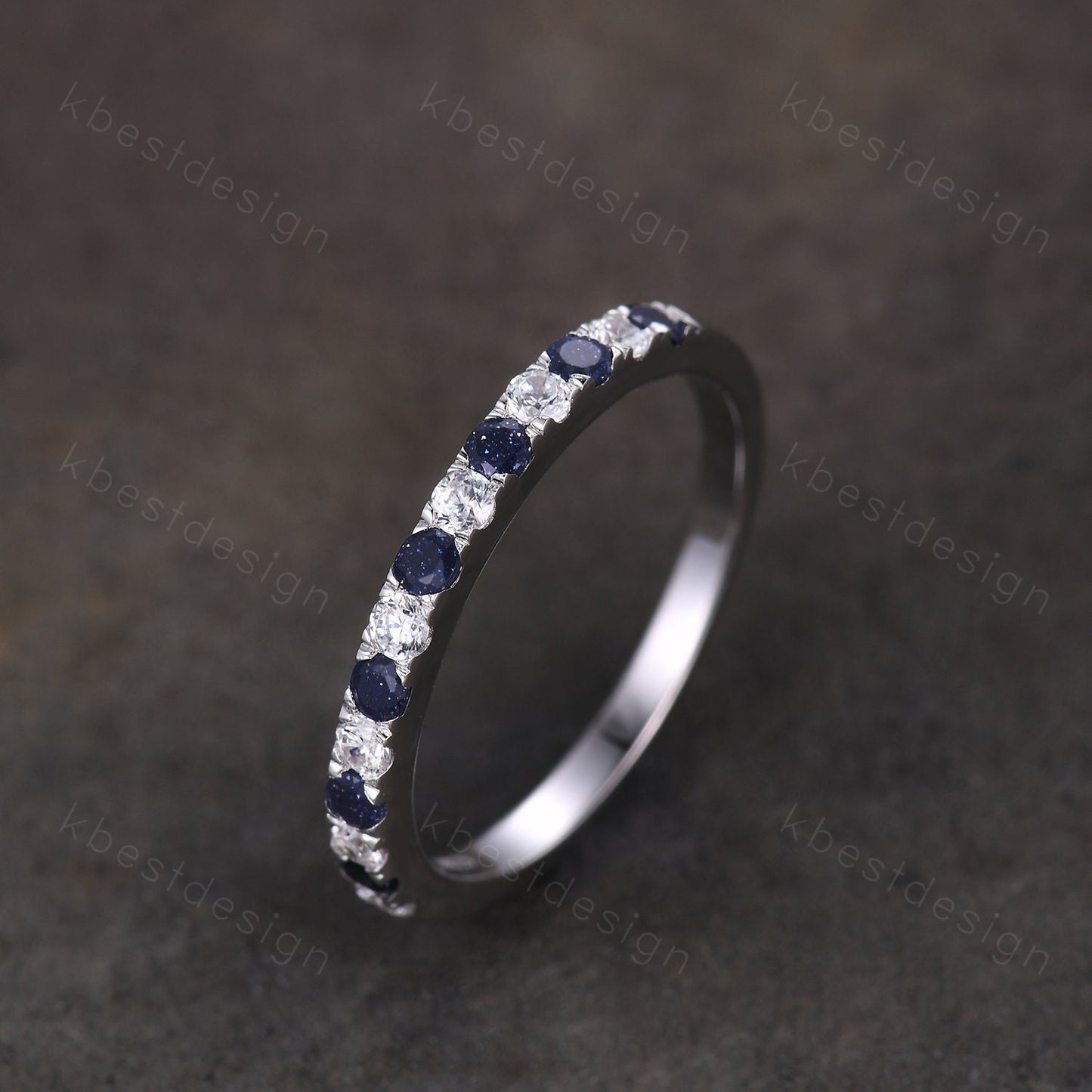 Blue Sandstone Wedding Band 2mm Half Eternity Band Moissanite Stacking Wedding Ring Pave Band Anniversary Ring Sterling Silver Ring