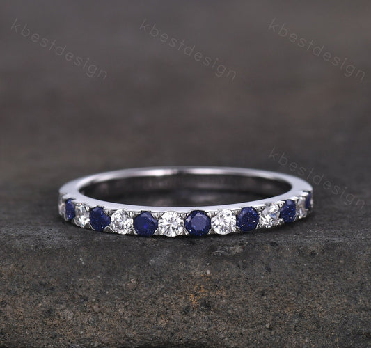 Blue Sandstone Wedding Band 2mm Half Eternity Band Moissanite Stacking Wedding Ring Pave Band Anniversary Ring Sterling Silver Ring