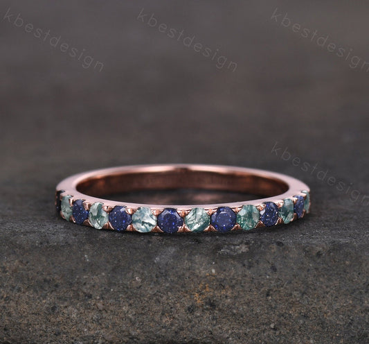 Round cut Blue Sandstone Wedding Band 2mm Half Eternity Band Moss Agate Wedding Band Gemstone Band Rose Gold Ring Anniversary Gift