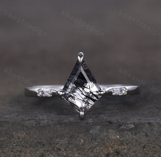 Kite Cut Natural Black Rutilated Quartz Engagement Ring Unique Black Gemstone Ring Sterling Silver Ring Baguette Ring Promise Ring