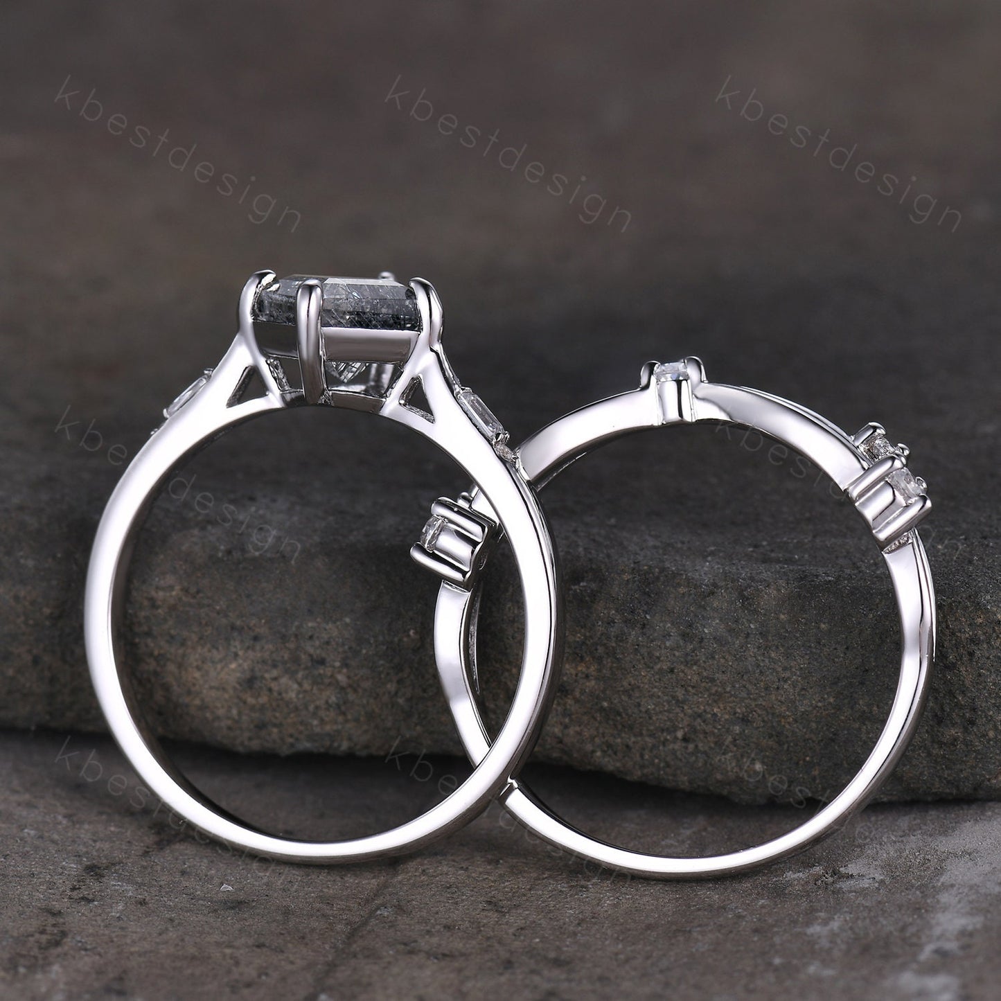 Vintage black rutilated quartz engagement ring 14k white gold kite cut ring art deco curved moissanite stacking band unique bridal ring set