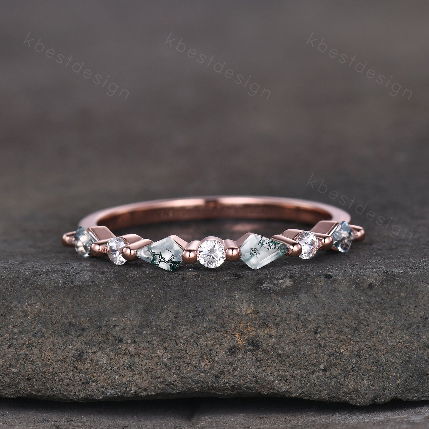 Kite cut Moss Agate Wedding Band Unique Rose Gold Wedding Band Antique Moissanite Ring Minimalist Bridal Matching Stackable band