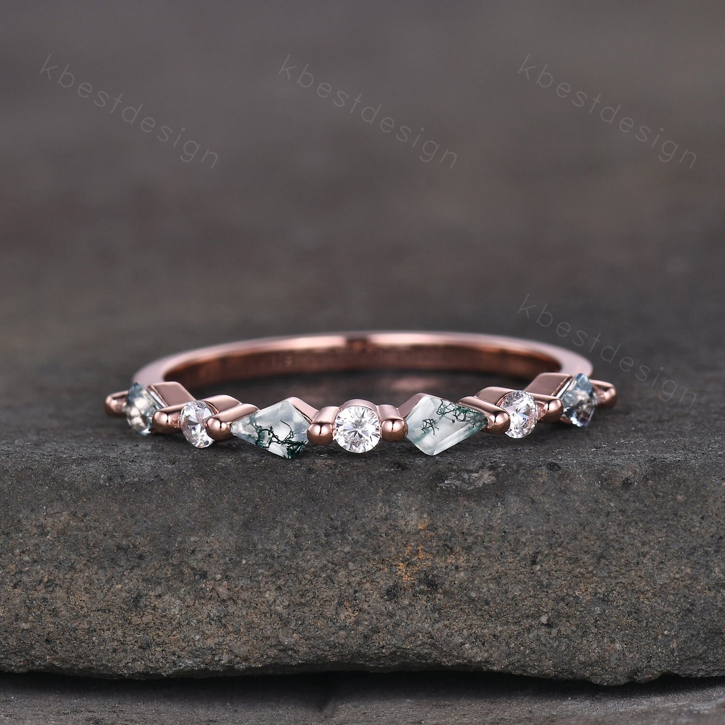 Kite cut Moss Agate Wedding Band Unique Rose Gold Wedding Band Antique Moissanite Ring Minimalist Bridal Matching Stackable band