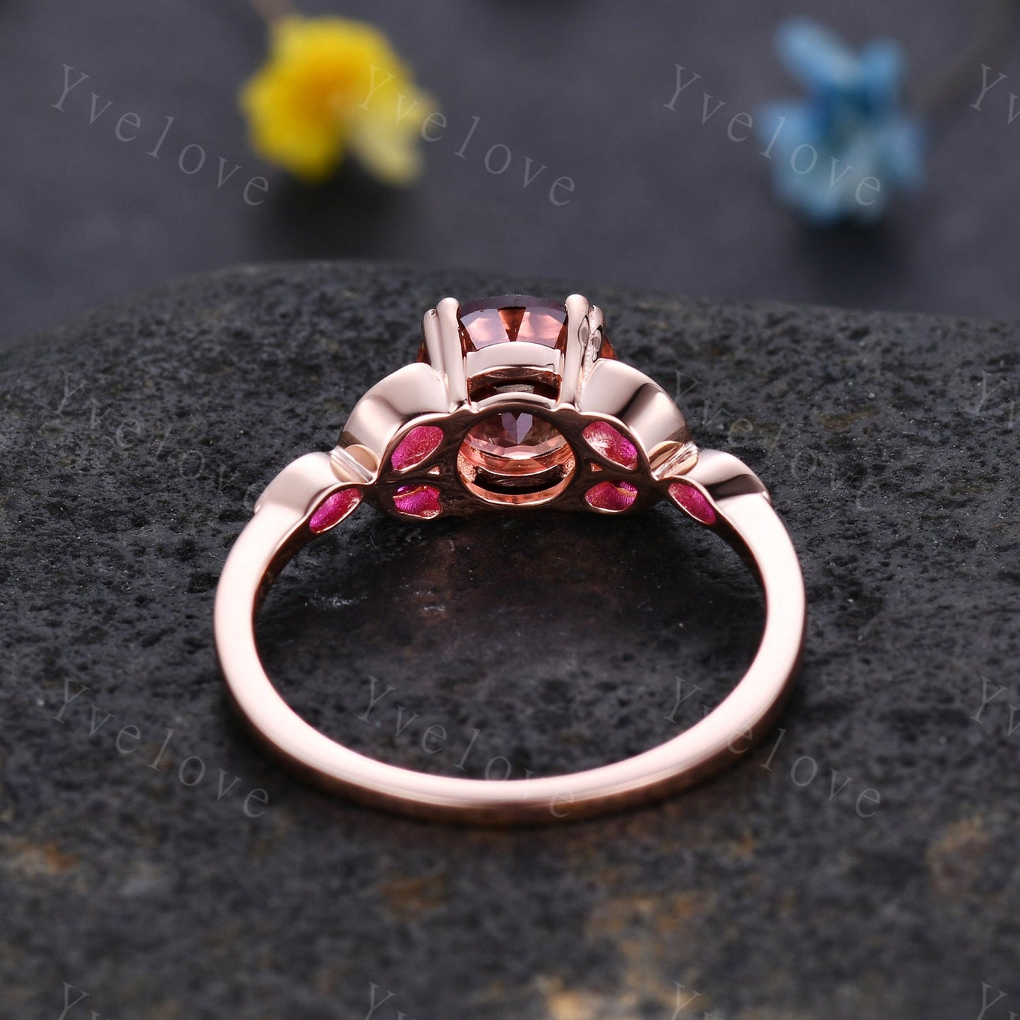 7mm round shape Papalacha sapphire engagement ring,Unique sapphire ruby ring,Marquise ruby,Rose gold Promise Bridal ring,Anniversary gift