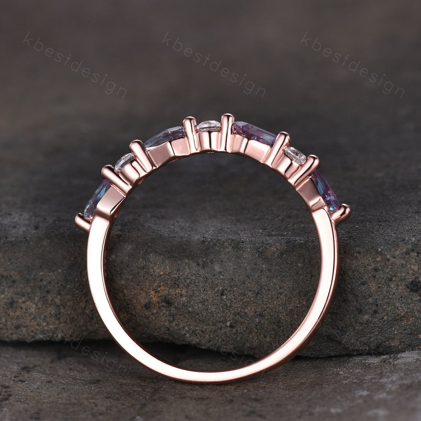 Vintage Alexandrite Wedding Band Kite cut Wedding Band Women Rose Gold Band Unique Half eternity band Delicate Stacking Band Gift for Her