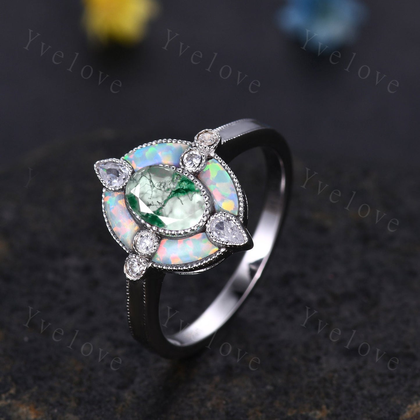 Oval moss agate engagement ring green agate ring opal moissanite side stones promise ring 14k rose gold vintage ring halo milgrain ring gift