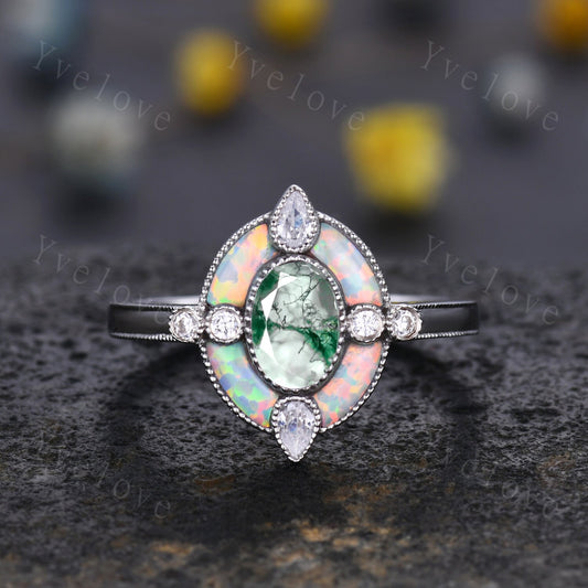 Oval moss agate engagement ring green agate ring opal moissanite side stones promise ring 14k rose gold vintage ring halo milgrain ring gift