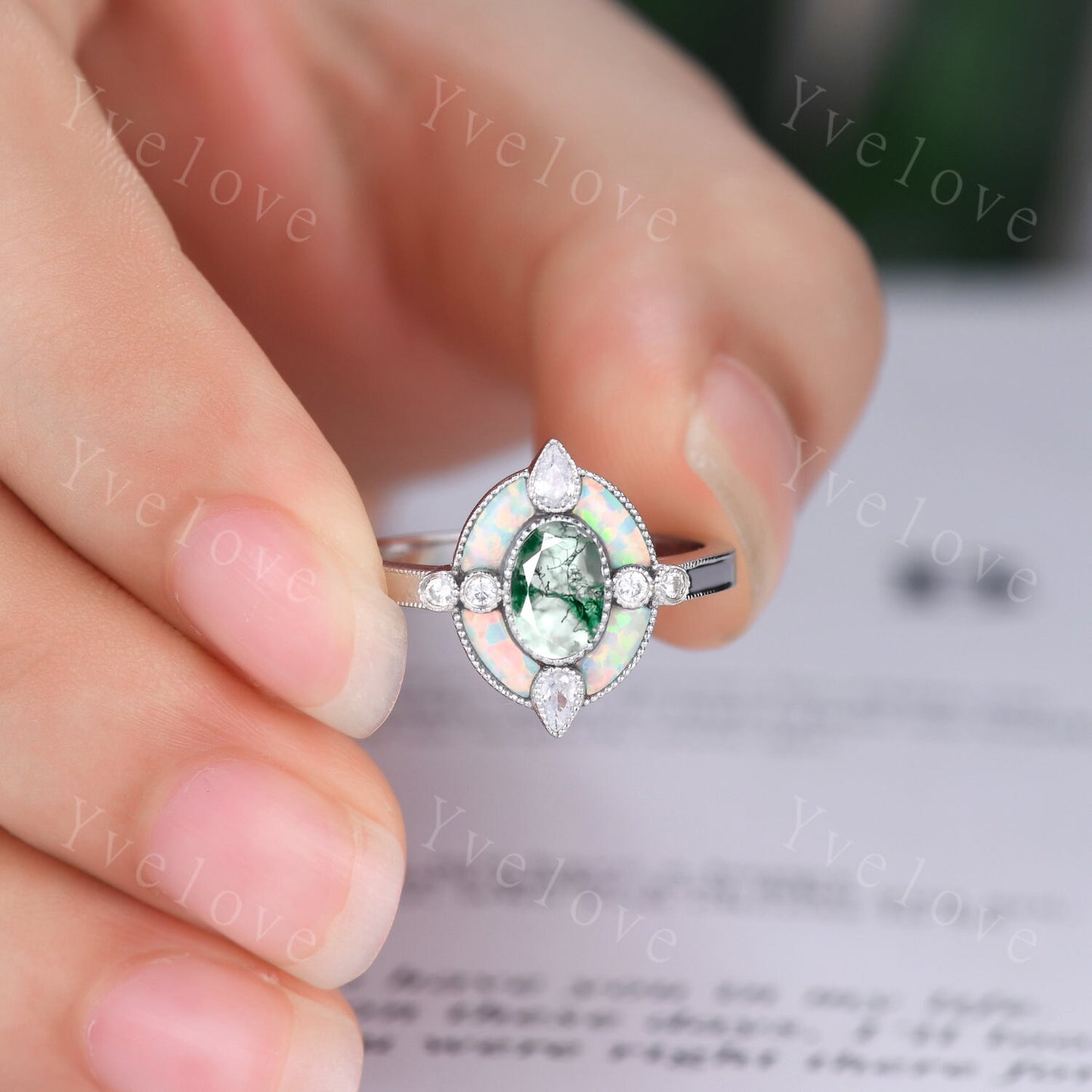 Oval moss agate engagement ring green agate ring opal moissanite side stones promise ring 14k rose gold vintage ring halo milgrain ring gift