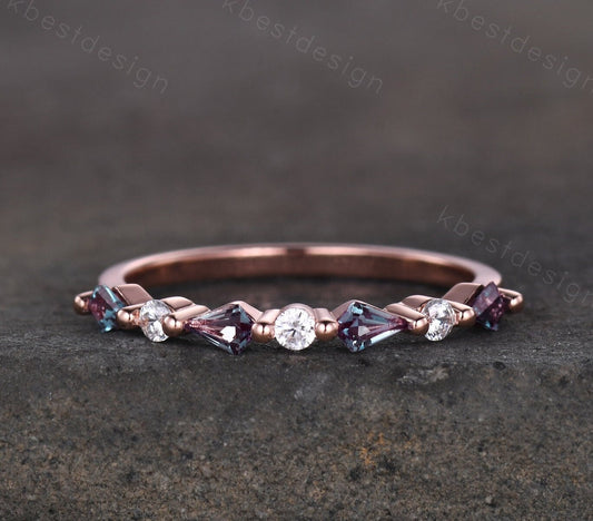 Vintage Alexandrite Wedding Band Kite cut Wedding Band Women Rose Gold Band Unique Half eternity band Delicate Stacking Band Gift for Her
