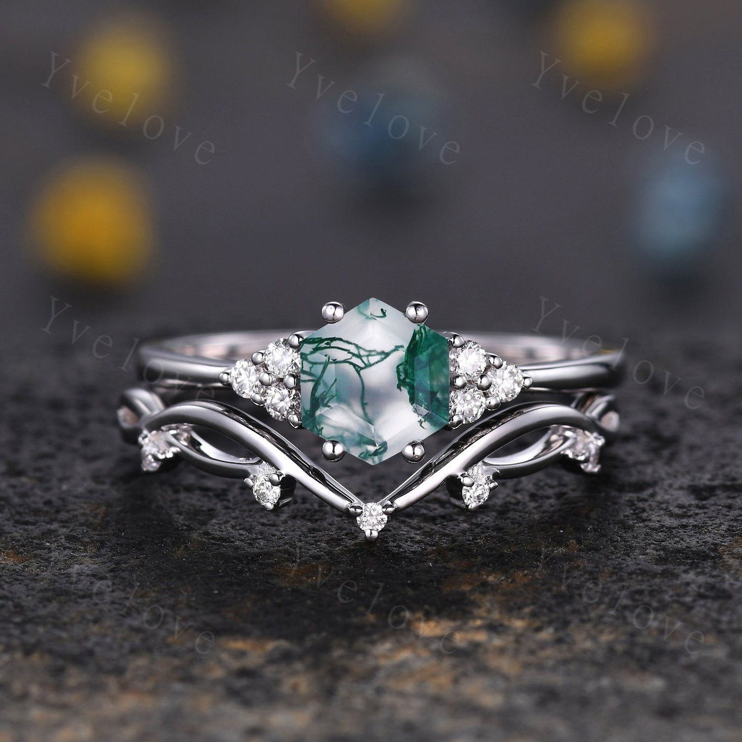 Retro hexagon Moss Agate Ring,Vintage Sterling Silver Ring Set,Unique Agate Engagement Ring,Promise Ring,Anniversary Ring Gift For Her