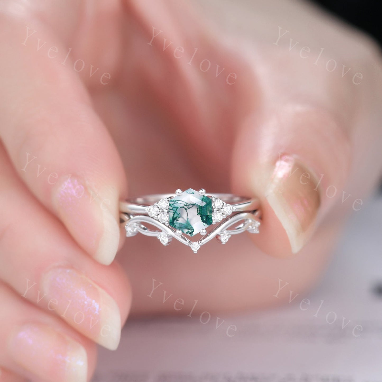 Retro hexagon Moss Agate Ring,Vintage Sterling Silver Ring Set,Unique Agate Engagement Ring,Promise Ring,Anniversary Ring Gift For Her