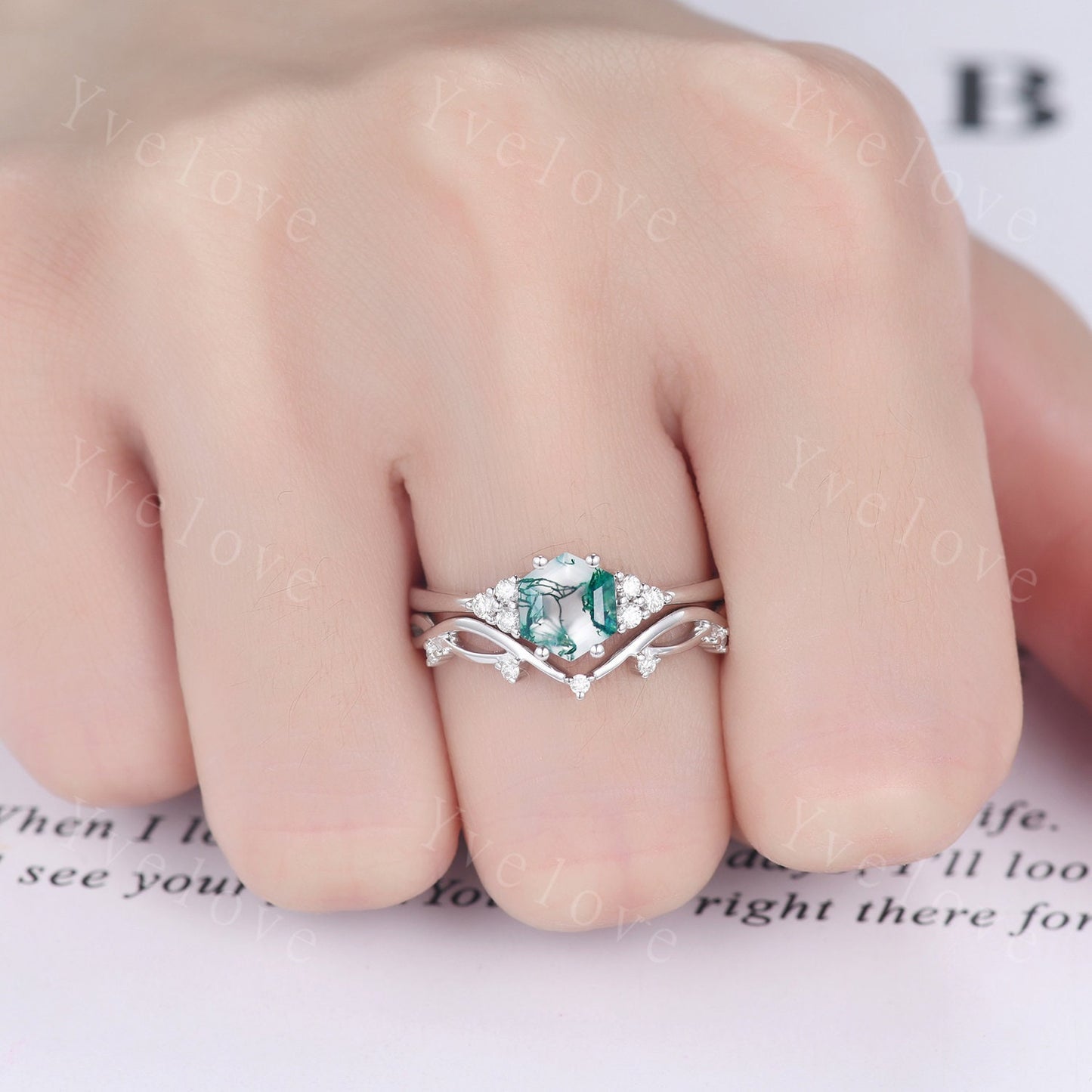 Retro hexagon Moss Agate Ring,Vintage Sterling Silver Ring Set,Unique Agate Engagement Ring,Promise Ring,Anniversary Ring Gift For Her