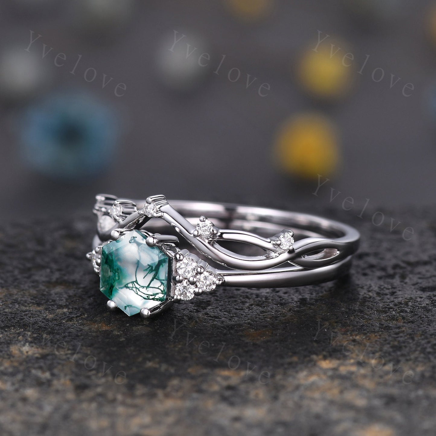 Retro hexagon Moss Agate Ring,Vintage Sterling Silver Ring Set,Unique Agate Engagement Ring,Promise Ring,Anniversary Ring Gift For Her