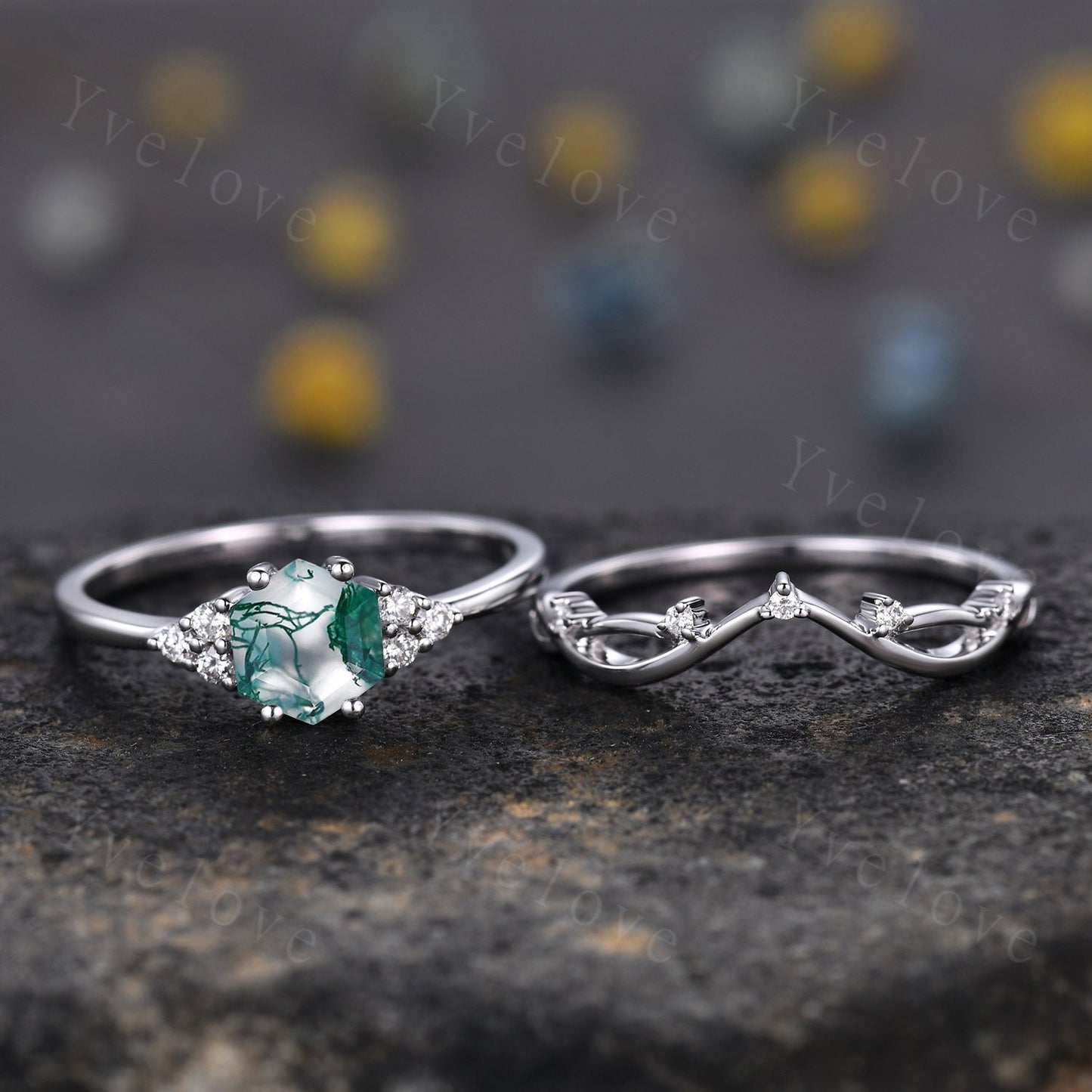 Retro hexagon Moss Agate Ring,Vintage Sterling Silver Ring Set,Unique Agate Engagement Ring,Promise Ring,Anniversary Ring Gift For Her
