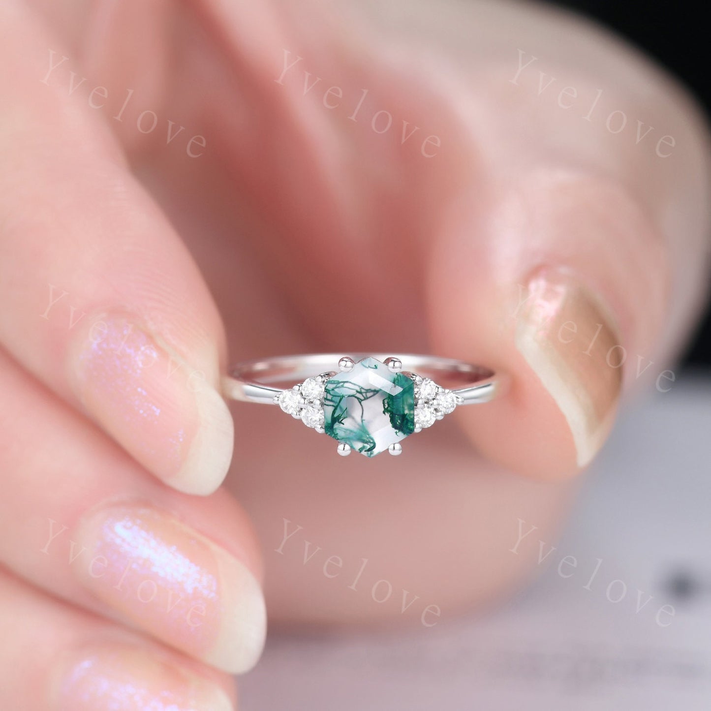 Retro hexagon Moss Agate Ring,Vintage Sterling Silver Ring Set,Unique Agate Engagement Ring,Promise Ring,Anniversary Ring Gift For Her