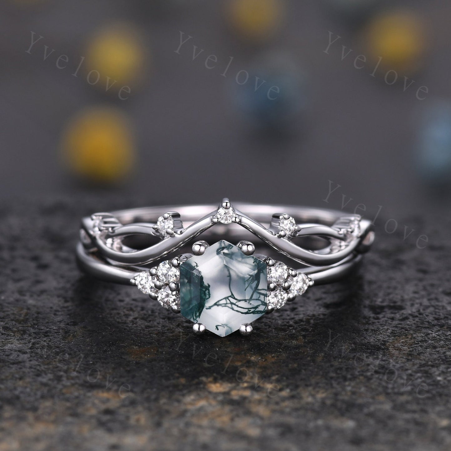 Retro hexagon Moss Agate Ring,Vintage Sterling Silver Ring Set,Unique Agate Engagement Ring,Promise Ring,Anniversary Ring Gift For Her