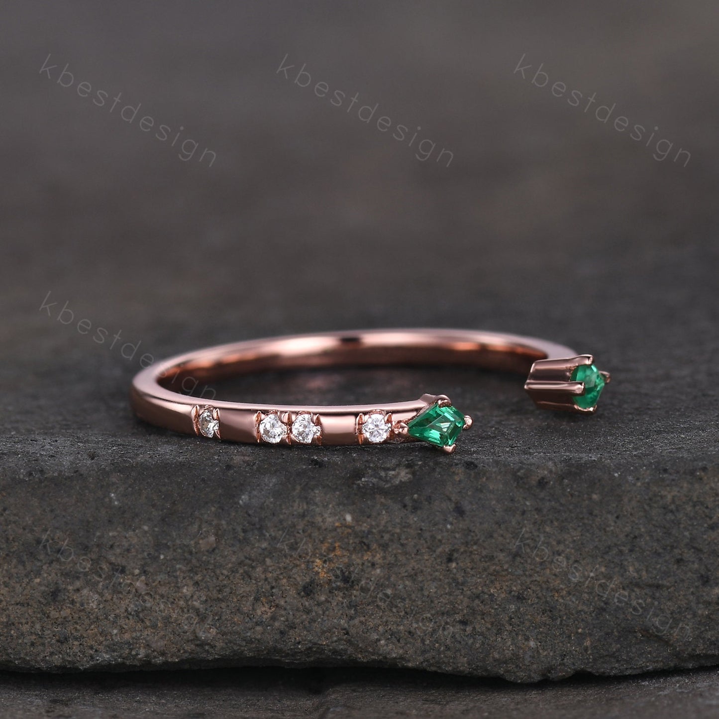 Open Gap Emerald Wedding Band, Rose Gold Kite cut Wedding Ring, Unique Moissanite Stacking Band, Art Deco Wedding Anniversary Ring Gift