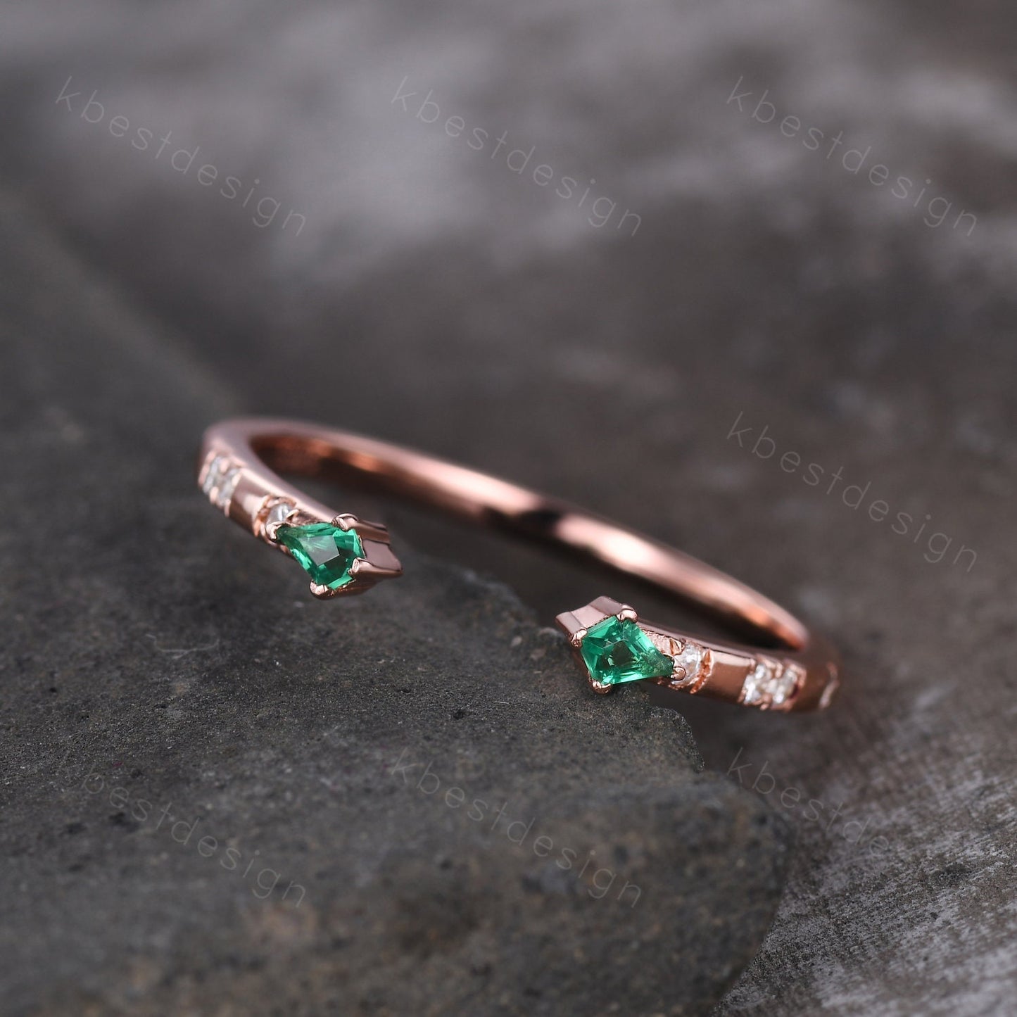 Open Gap Emerald Wedding Band, Rose Gold Kite cut Wedding Ring, Unique Moissanite Stacking Band, Art Deco Wedding Anniversary Ring Gift
