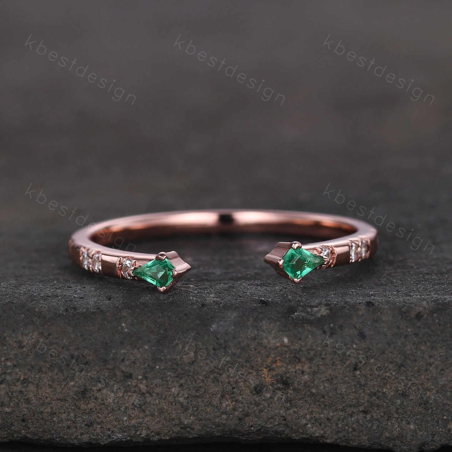 Open Gap Emerald Wedding Band, Rose Gold Kite cut Wedding Ring, Unique Moissanite Stacking Band, Art Deco Wedding Anniversary Ring Gift