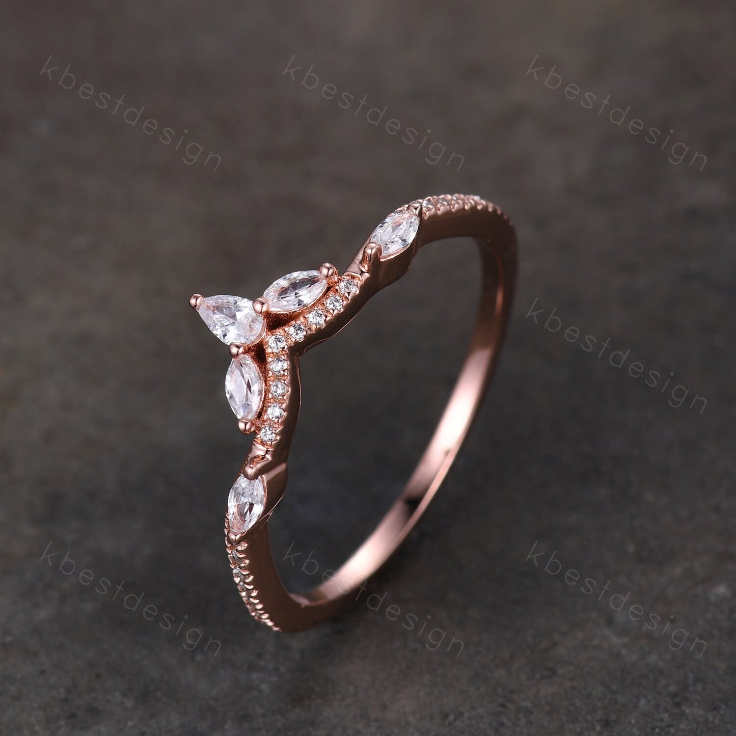 Marquise Moissanite wedding band Vintage rose gold stacking band Art deco floral wedding band Unique matching bridal ring Anniversary gift