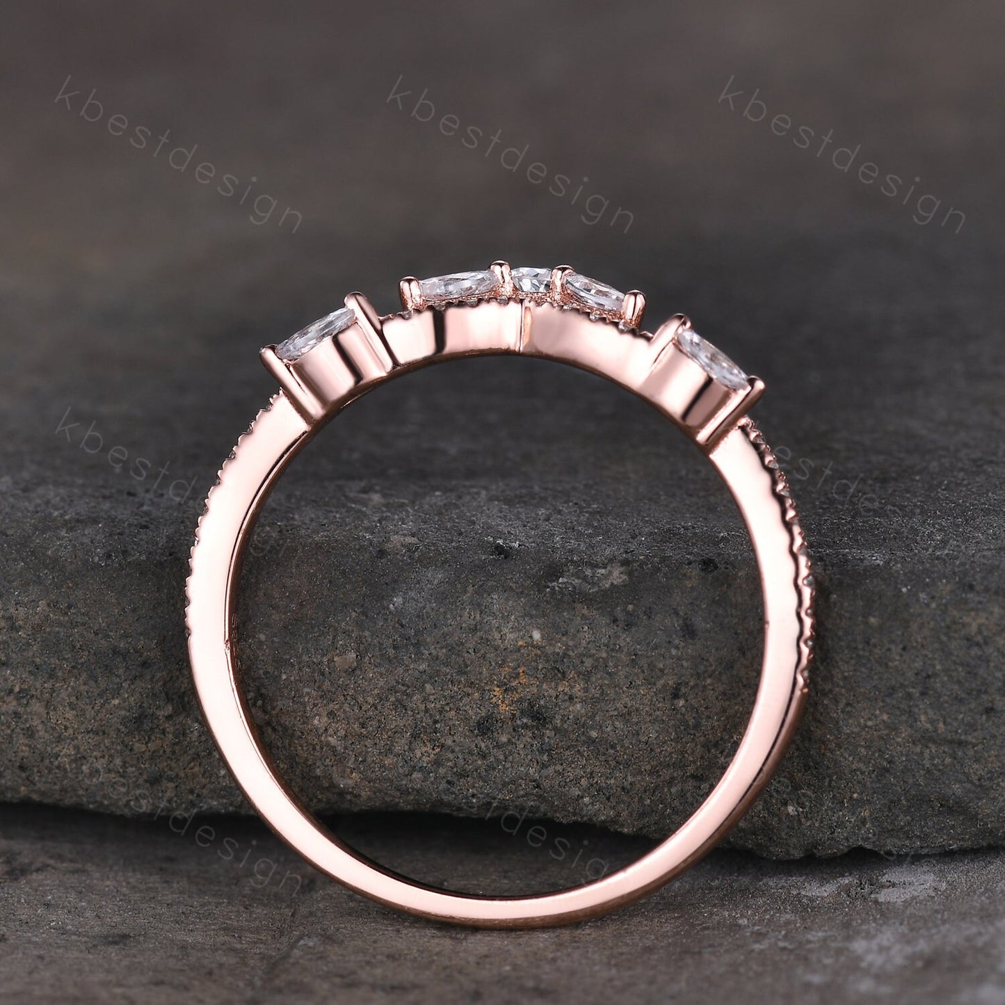 Marquise Moissanite wedding band Vintage rose gold stacking band Art deco floral wedding band Unique matching bridal ring Anniversary gift