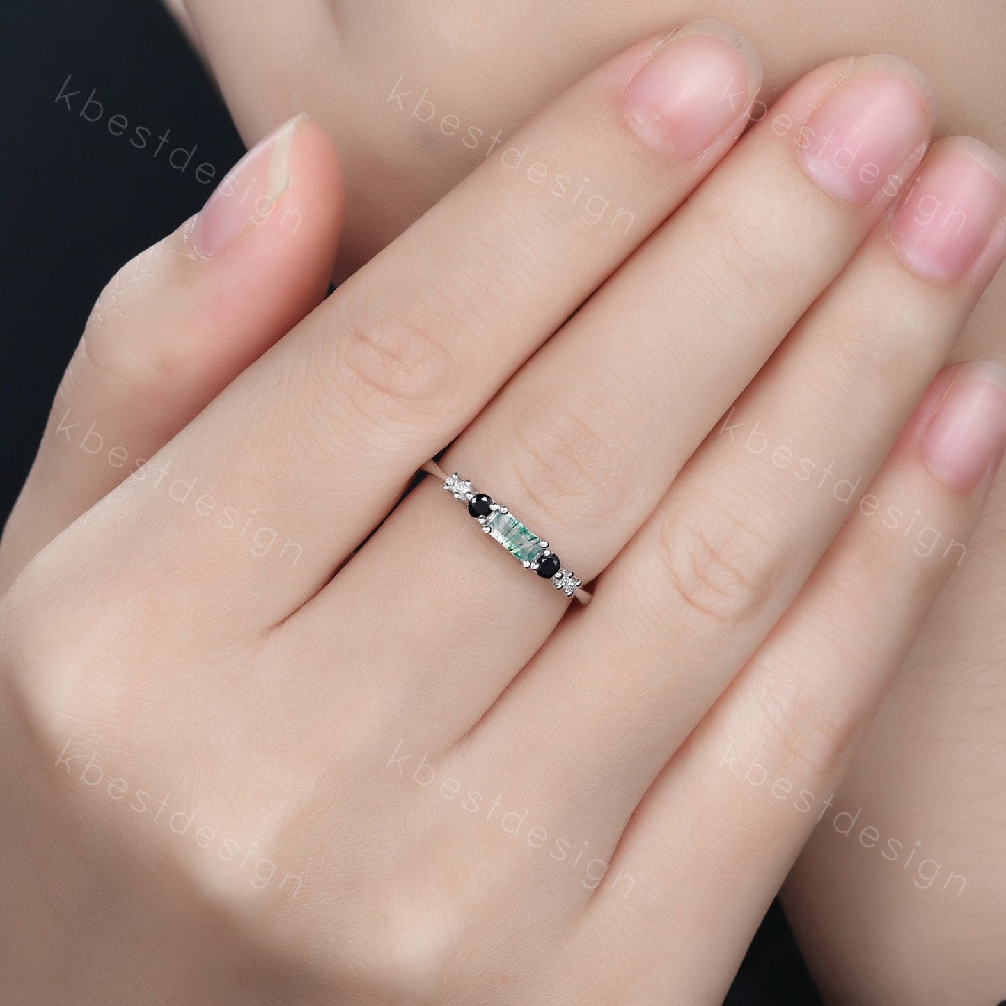 Baguette cut Moss Agate Wedding Band Unique Sterling Silver Band Antique Black Spinel Ring Minimalist Bridal Matching Stackable band
