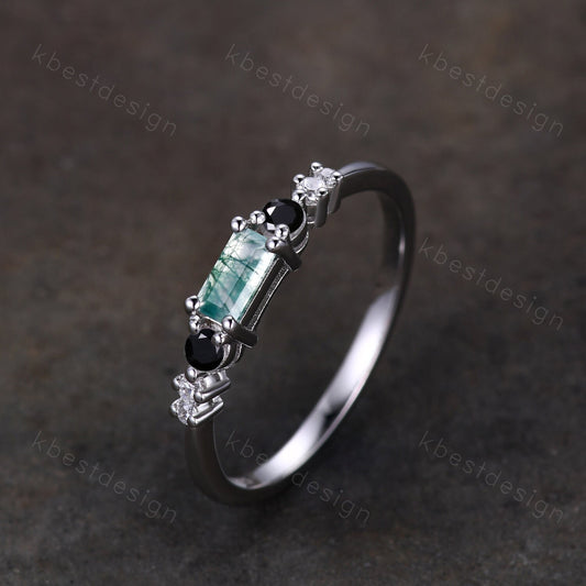 Baguette cut Moss Agate Wedding Band Unique Sterling Silver Band Antique Black Spinel Ring Minimalist Bridal Matching Stackable band