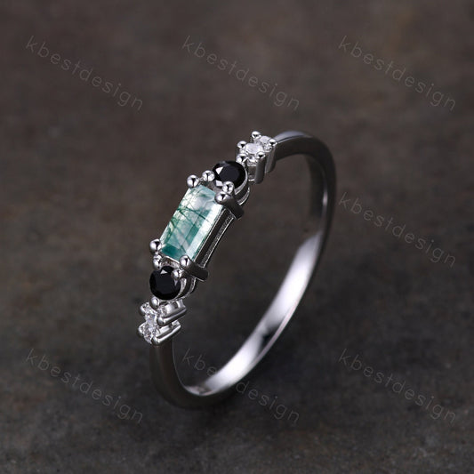 Baguette cut Moss Agate Wedding Band Unique Sterling Silver Band Antique Black Spinel Ring Minimalist Bridal Matching Stackable band