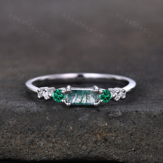 Baguette cut Moss Agate Wedding Band Unique Green Gem Ring Women Silver Ring Antique Moissanite Ring Minimalist Bridal Anniversary Gift
