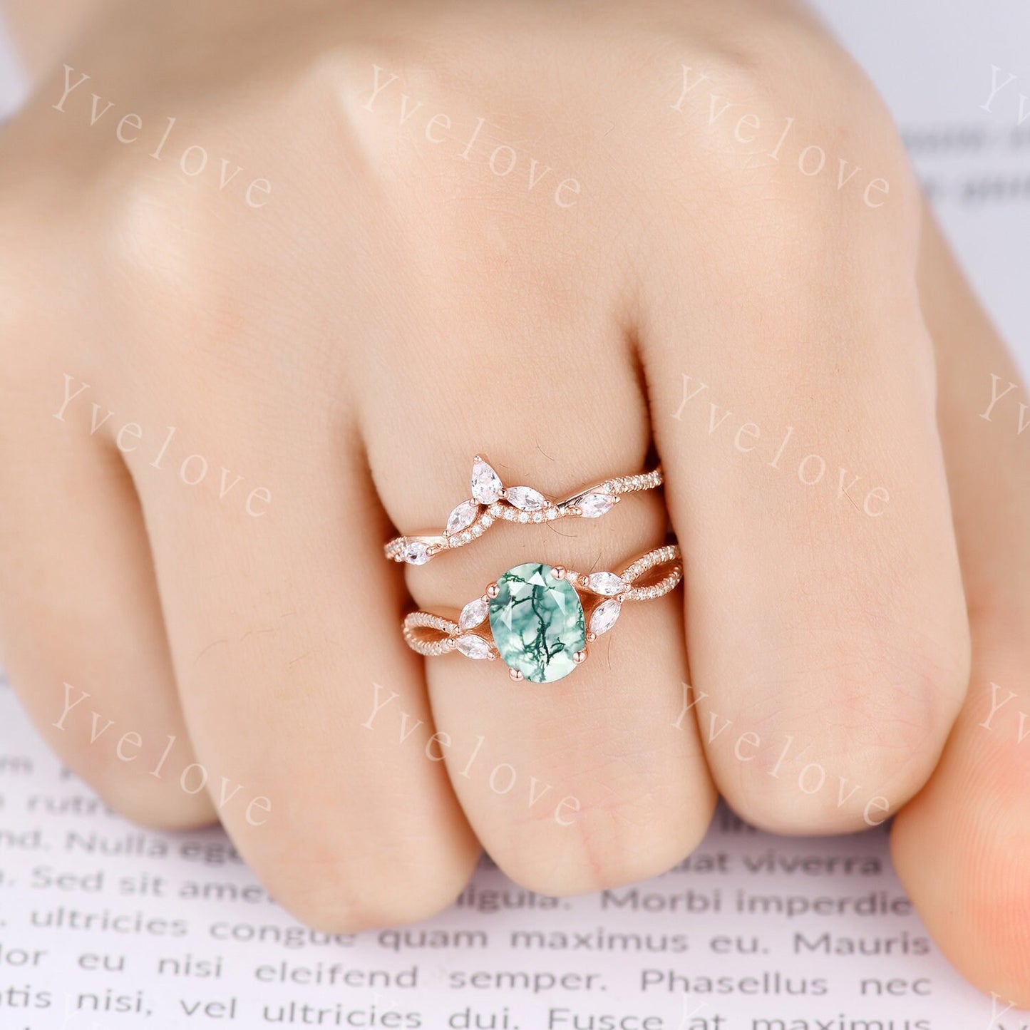 Art Deco Oval Moss Agate engagement ring set 14k Gold Green Aagte Ring Unique Bridal set Diamond wedding Curved Band Vintage Promise Gift