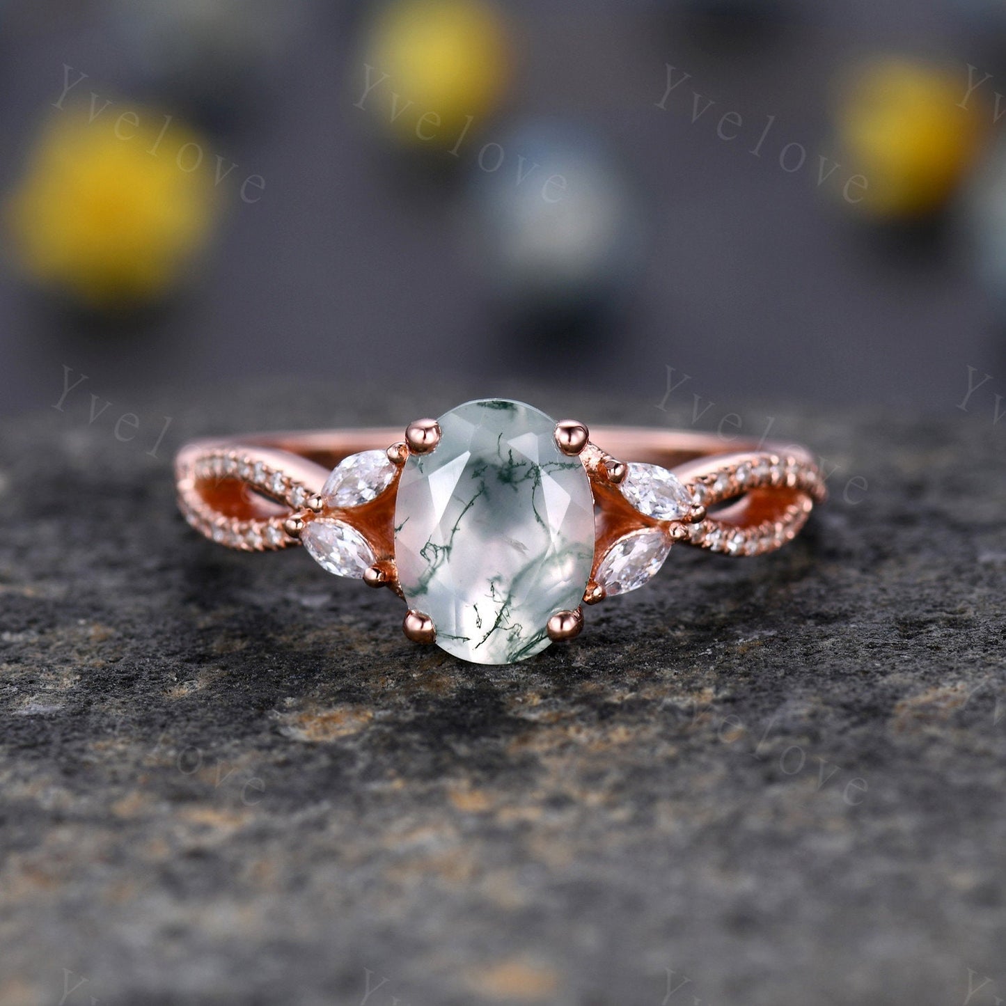 Art Deco Oval Moss Agate engagement ring set 14k Gold Green Aagte Ring Unique Bridal set Diamond wedding Curved Band Vintage Promise Gift