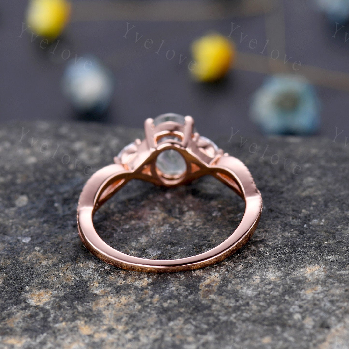 Art Deco Oval Moss Agate engagement ring set 14k Gold Green Aagte Ring Unique Bridal set Diamond wedding Curved Band Vintage Promise Gift