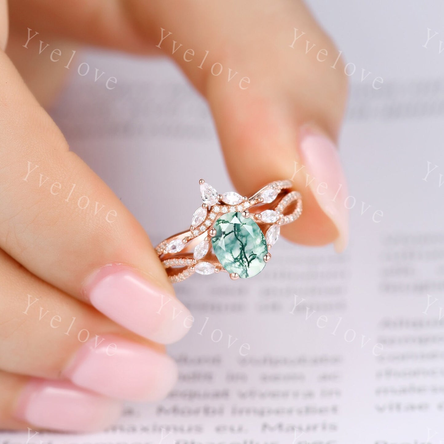 Art Deco Oval Moss Agate engagement ring set 14k Gold Green Aagte Ring Unique Bridal set Diamond wedding Curved Band Vintage Promise Gift
