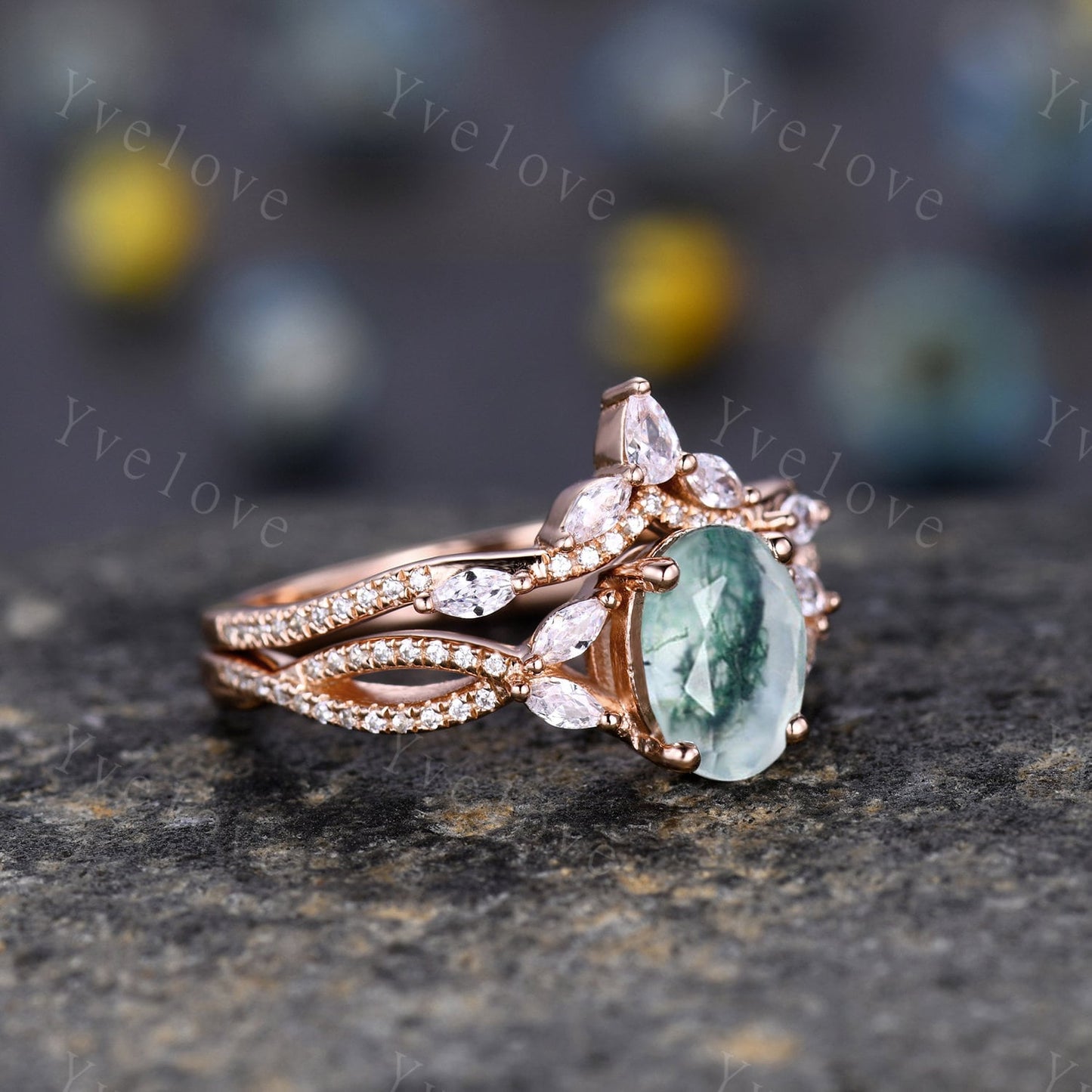 Art Deco Oval Moss Agate engagement ring set 14k Gold Green Aagte Ring Unique Bridal set Diamond wedding Curved Band Vintage Promise Gift