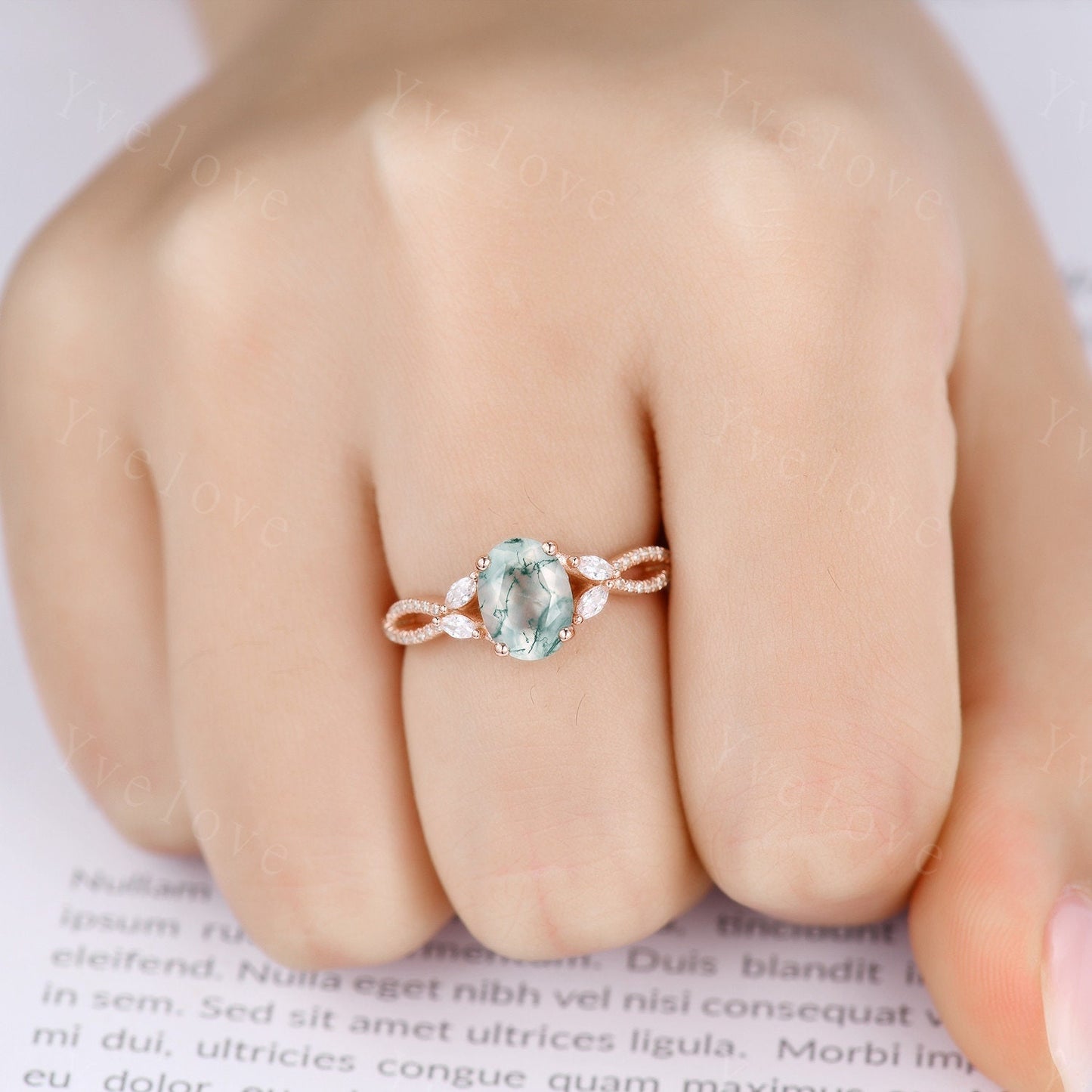 Art Deco Oval Moss Agate engagement ring set 14k Gold Green Aagte Ring Unique Bridal set Diamond wedding Curved Band Vintage Promise Gift